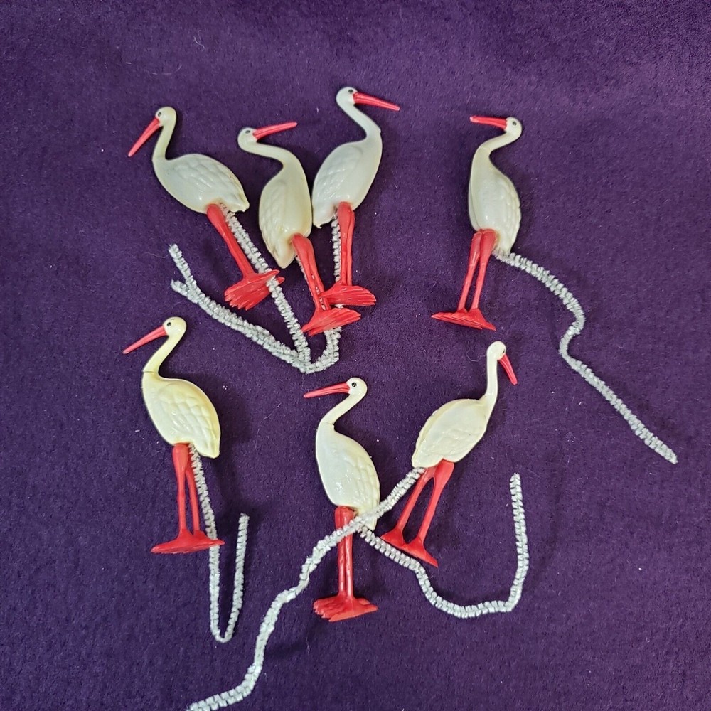 7 Vtg Hard Plastic Storks Cake Decorations Floral Picks Figurine Baby Shower